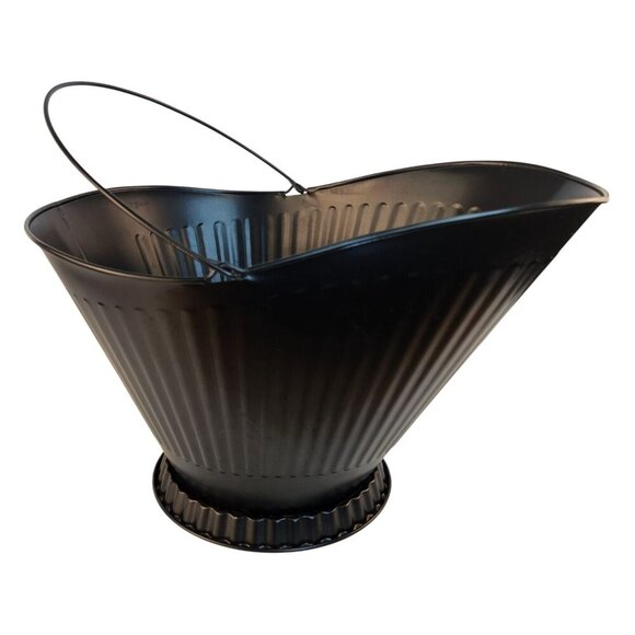 Black Wood Stove Ash Bucket Coal Container Ribbed Metal Bucket With Handle Decor - Picture 1 of 8